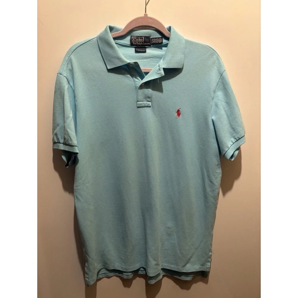 Polo‎ By Ralph Lauren Mens Size Large Collared Blue Short Sleeve Polo Pink Pony